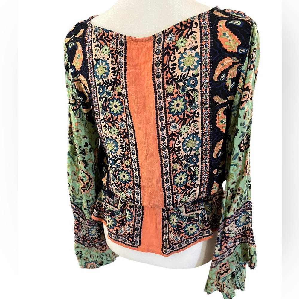 Free People Floral Paisley Wrap Blouse - Green Navy Peach - Picture 5 of 12